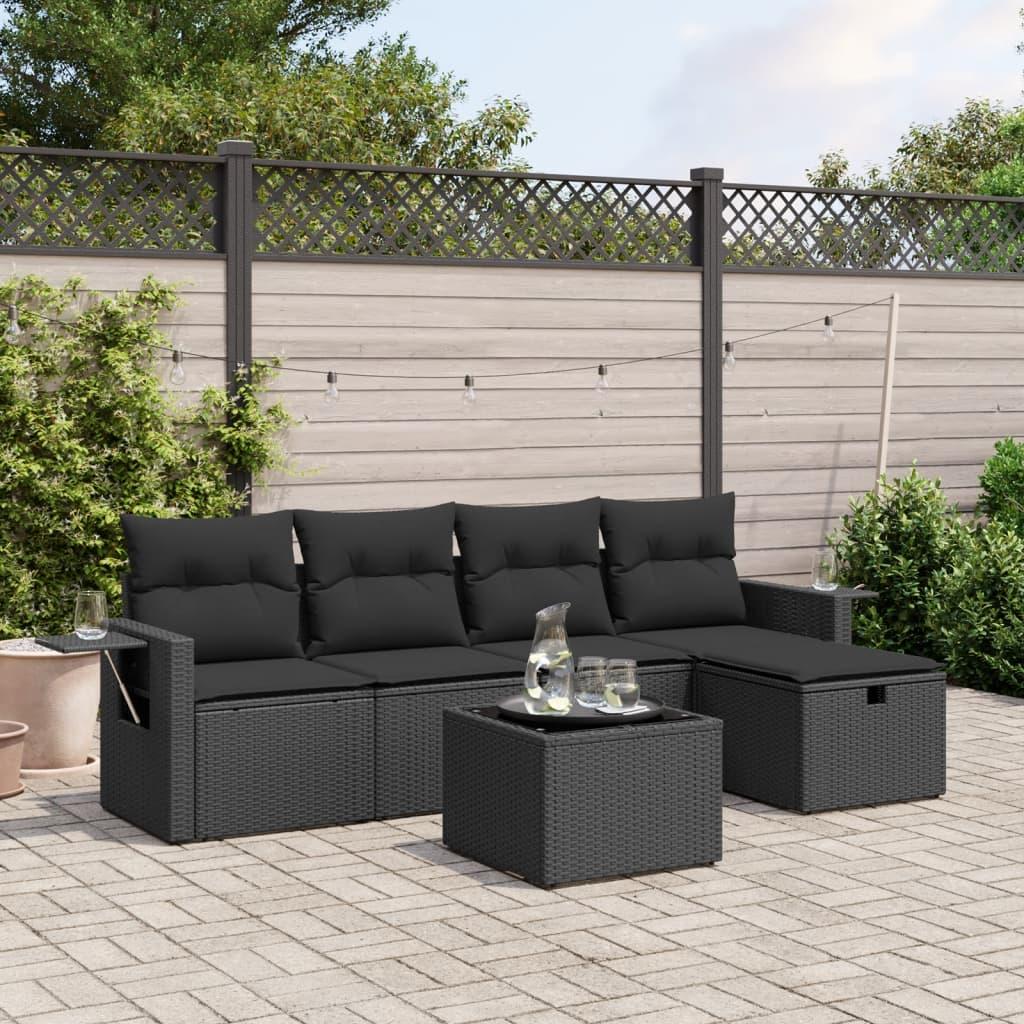 Sofasæt til haven 6 dele med hynder i polyrattan sort