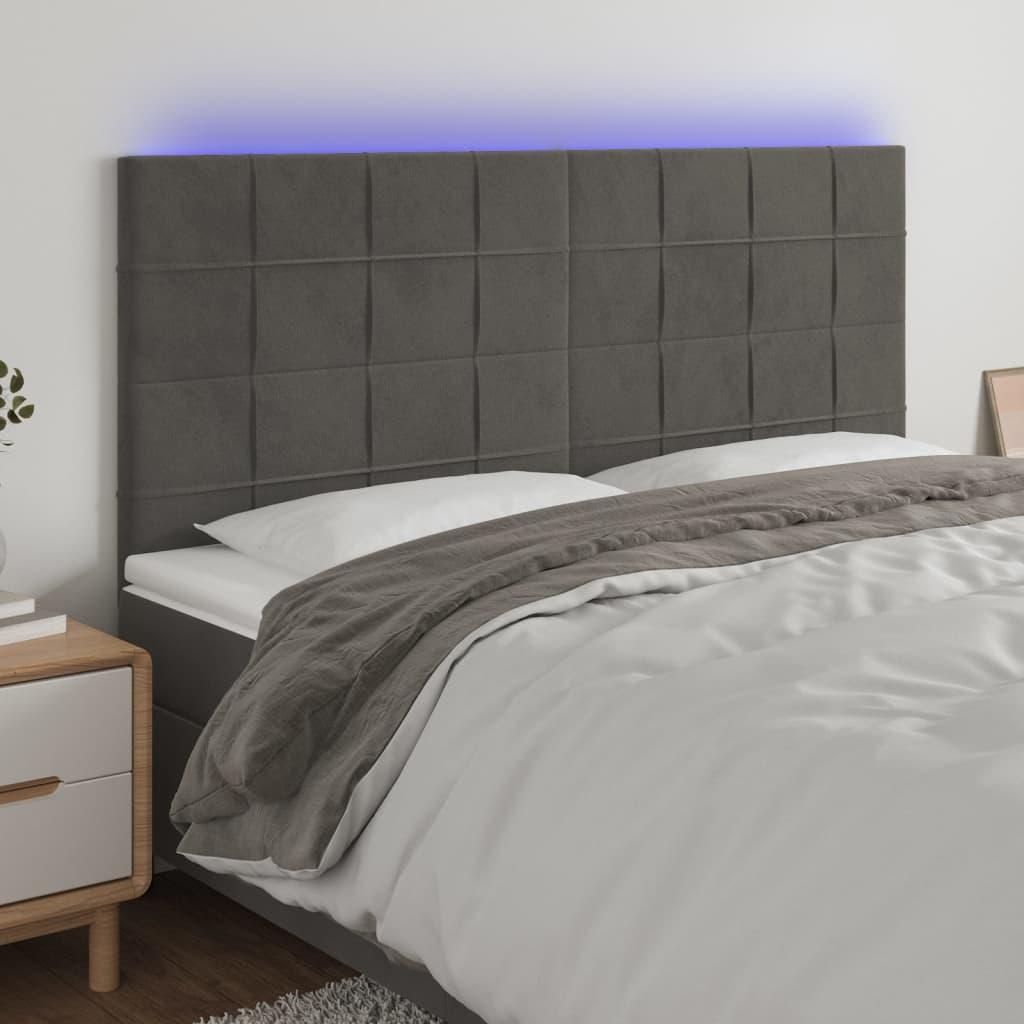 Sengegavl med LED-lys 180x5x118/128 cm fløjl mørkegrå billede