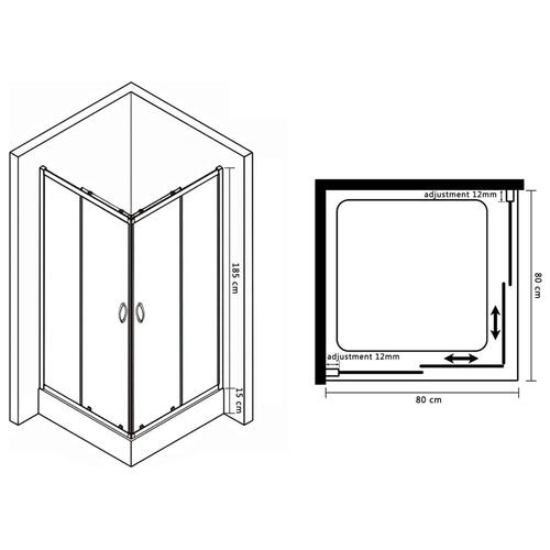 Brusekabine med sikkerhedsglas og brusekar 80 x 80 x 185 cm