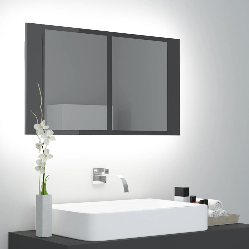 Badeværelsesskab m. spejl+LED-lys 80x12x45 akryl grå højglans