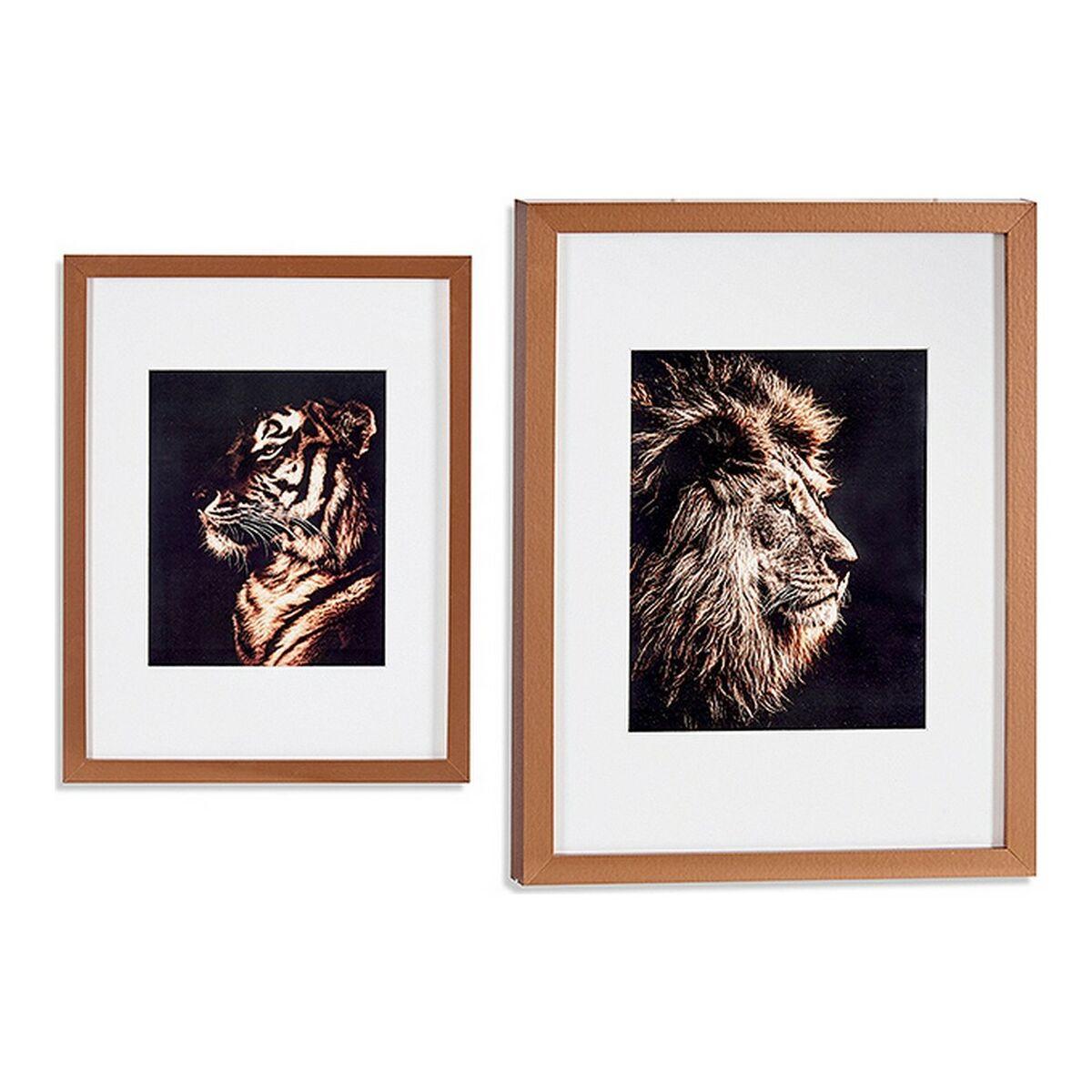 Vægdekoration - Bronze glas/spånplade med Tiger & Løve, 33 × 43 × 3 cm billede