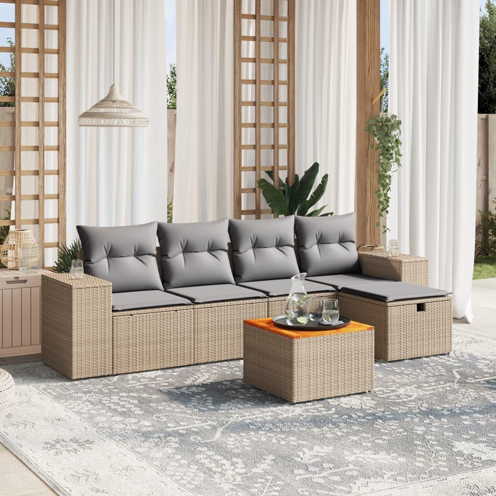 Havesofasæt 6 dele med hynder polyrattan beige