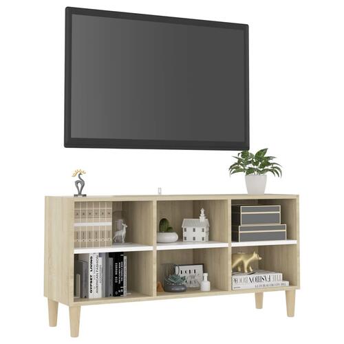Tv-skab med massive træben 103,5x30x50 cm hvid og sonoma-eg