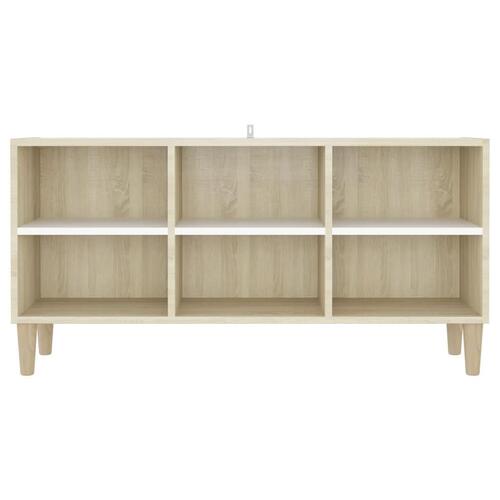 Tv-skab med massive træben 103,5x30x50 cm hvid og sonoma-eg