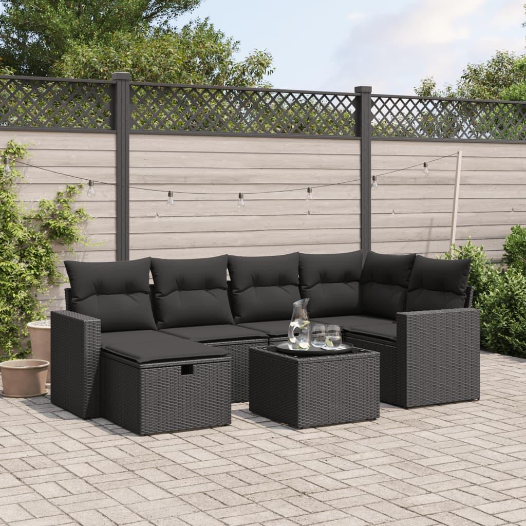 Sofasæt til haven 7 dele med hynder i polyrattan sort