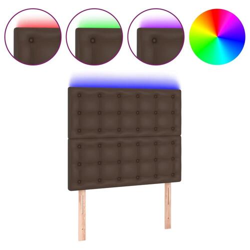 Sengegavl med LED-lys 80x5x118/128 cm kunstlæder brun