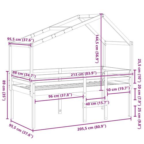 Højseng med tag 90x200 cm massivt fyrretræ hvid