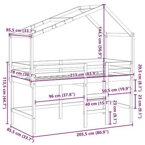 Højseng med stige og tag 80x200 cm massivt fyrretræ