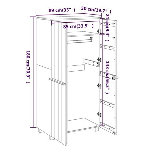 Klædeskab HAMAR 89x50x180 cm massivt fyrretræ hvid