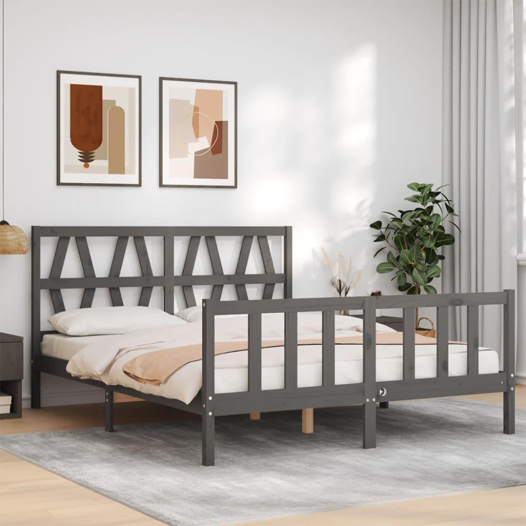 Sengeramme med sengegavl kingsize massivt træ grå