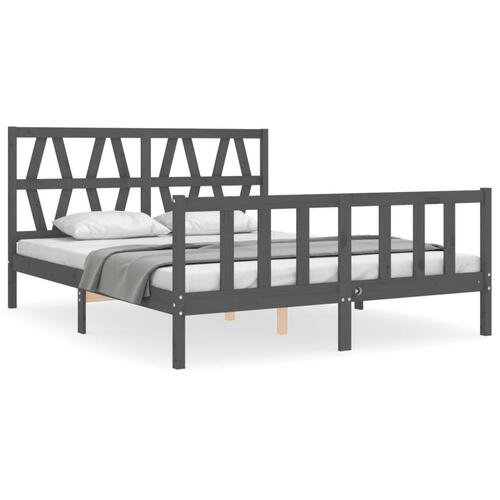 Sengeramme med sengegavl kingsize massivt træ grå