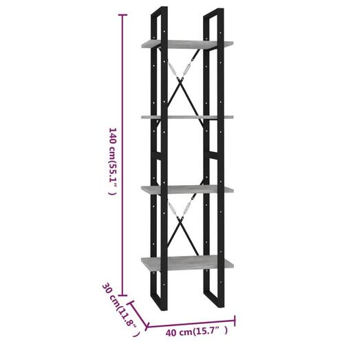Bogreol med 4 hylder 40x30x140 cm konstrueret træ betongrå