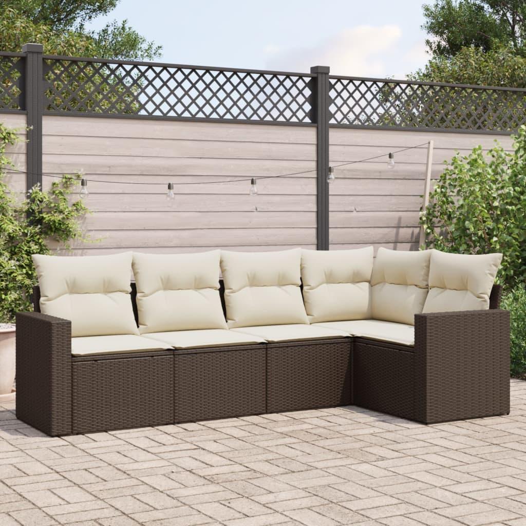 Sofasæt til haven 5 dele med hynder polyrattan brun