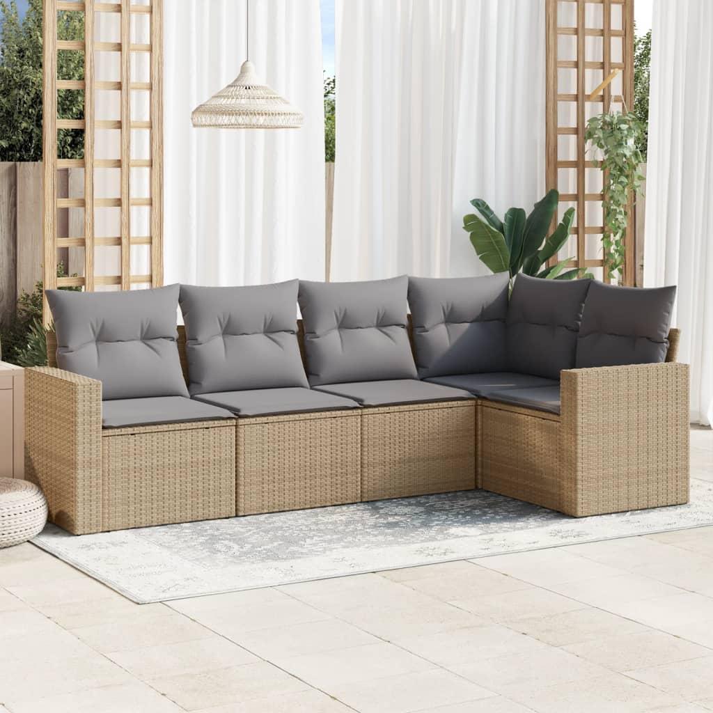 Sofasæt til haven 5 dele med hynder polyrattan beige
