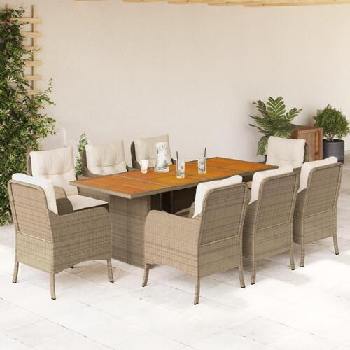 Spisebordssæt til haven 9 dele med hynder polyrattan beige