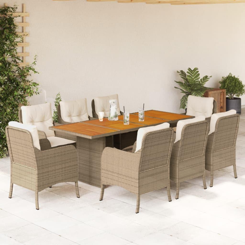 Spisebordssæt til haven 9 dele med hynder polyrattan beige