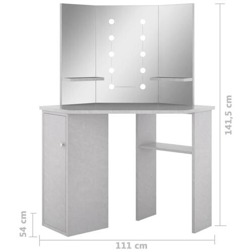 Toiletbord til hjørne med LED-lys 111x54x141,5 cm betongrå