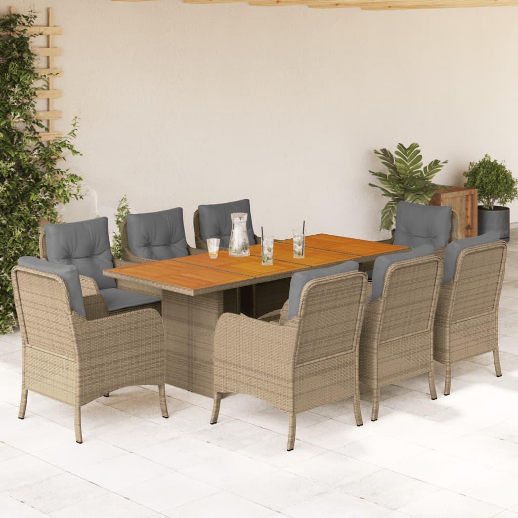 Spisebordssæt til haven 9 dele med hynder polyrattan beige
