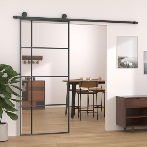 Skydedør 90x205 cm hærdet glas og aluminium sort