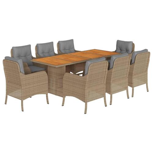 Spisebordssæt til haven 9 dele med hynder polyrattan beige