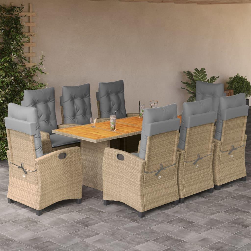 Spisebordssæt til haven 9 dele med hynder polyrattan beige