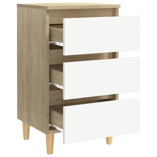 Sengeskab m. massive træben 40x35x69 cm hvid og sonoma-eg