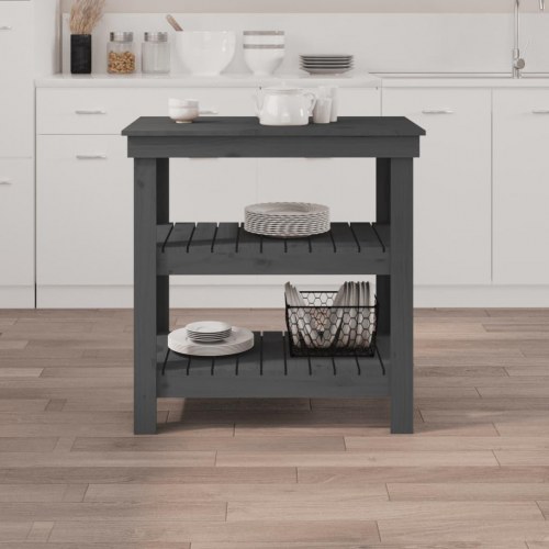 Arbejdsbord i massivt fyrretræ med hylder - 78,5×50×80 cm, grå