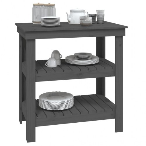 Arbejdsbord i massivt fyrretræ med hylder - 78,5×50×80 cm, grå