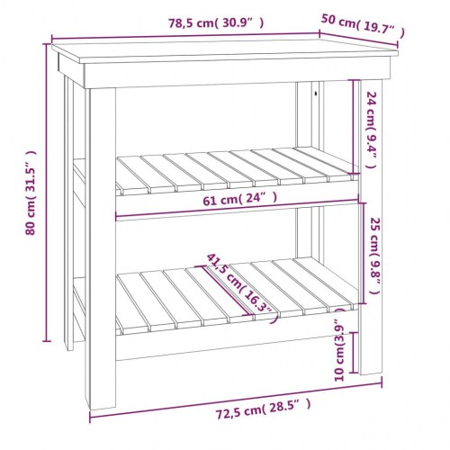 Arbejdsbord i massivt fyrretræ med hylder - 78,5×50×80 cm, grå