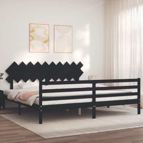 Sengeramme med sengegavl 200x200 cm massivt træ sort
