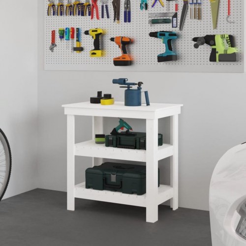 Arbejdsbord i massivt fyrretræ med 2 hylder - 78,5×50×80 cm, hvid