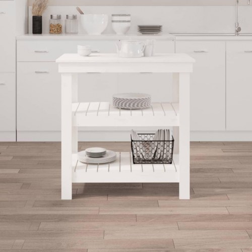 Arbejdsbord i massivt fyrretræ med 2 hylder - 78,5×50×80 cm, hvid