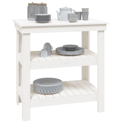 Arbejdsbord i massivt fyrretræ med 2 hylder - 78,5×50×80 cm, hvid