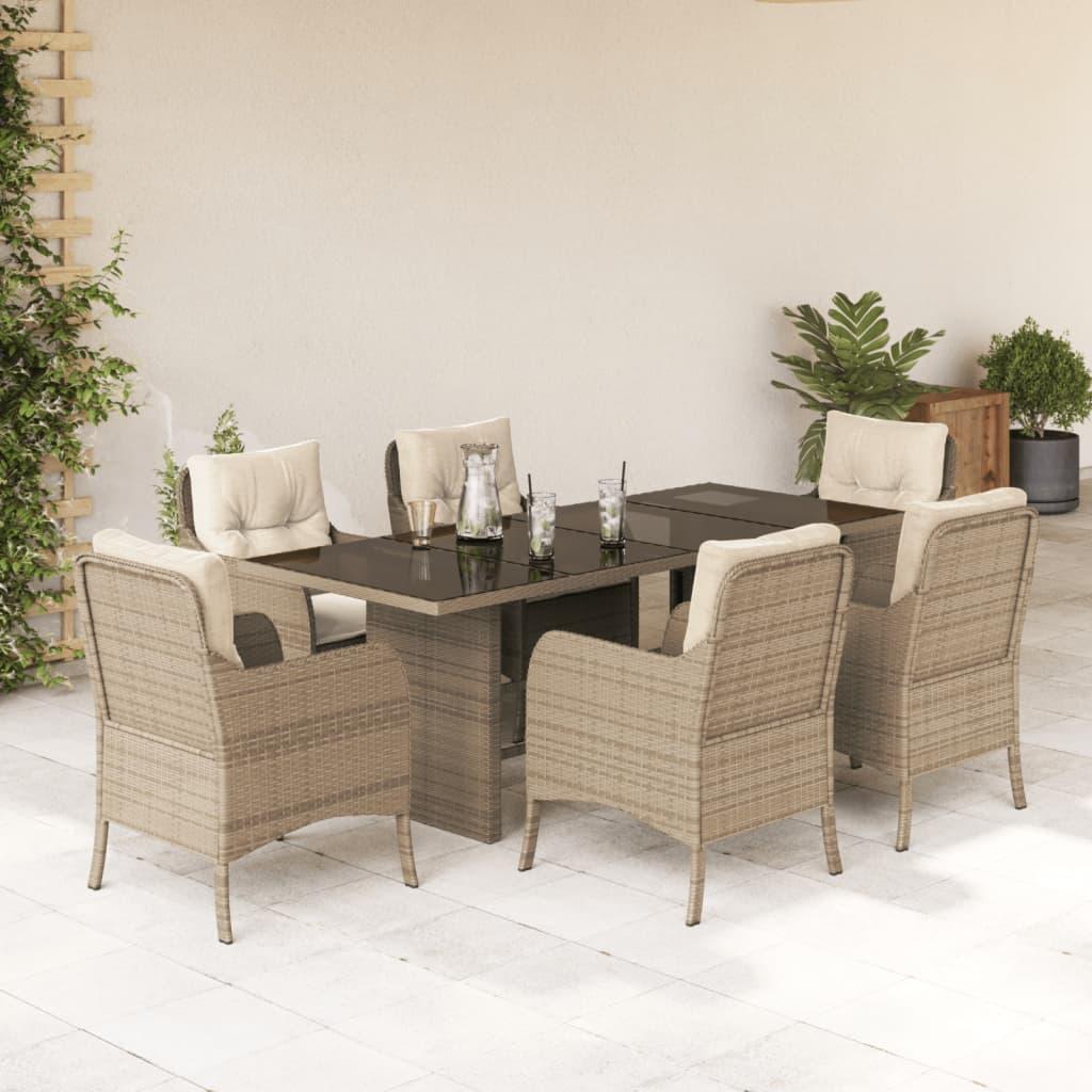 Spisebordssæt til haven 7 dele med hynder polyrattan beige
