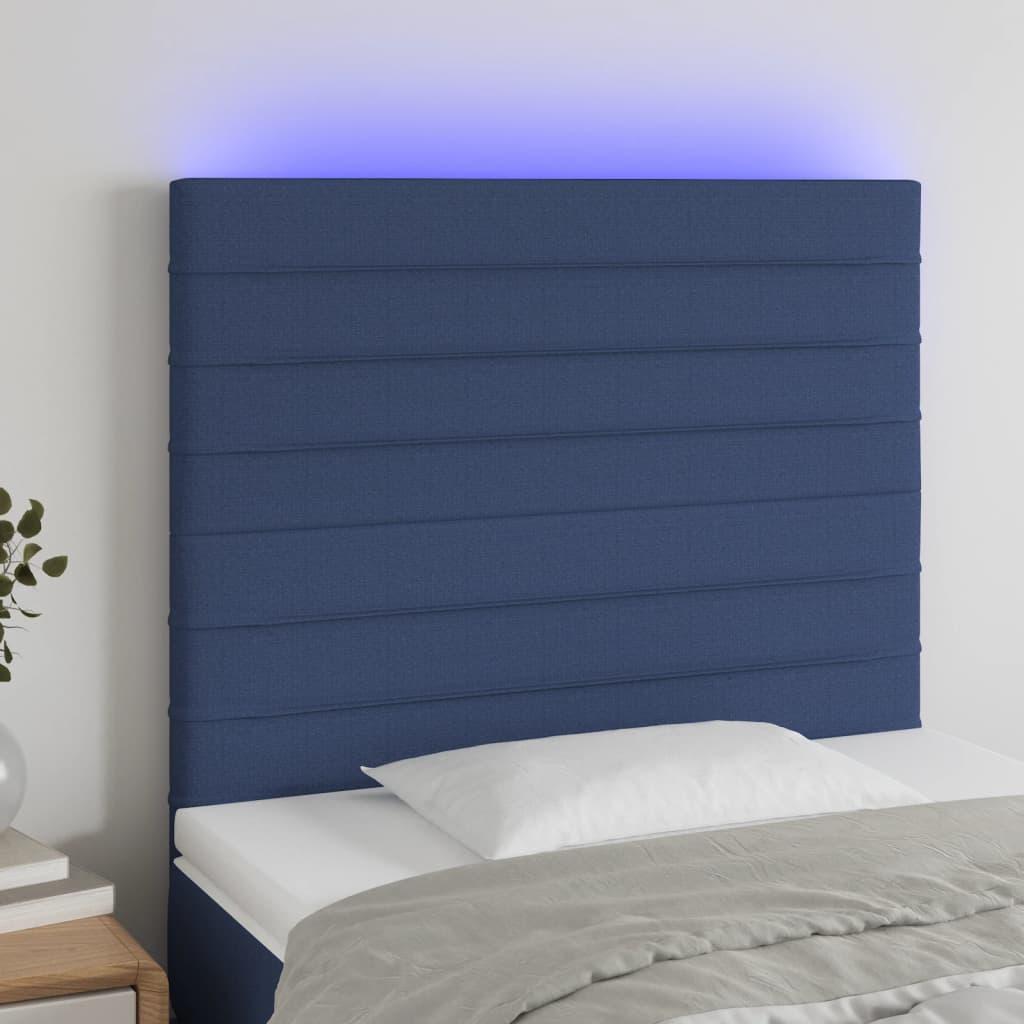Sengegavl med LED-lys 90x5x118/128 cm stof blå billede