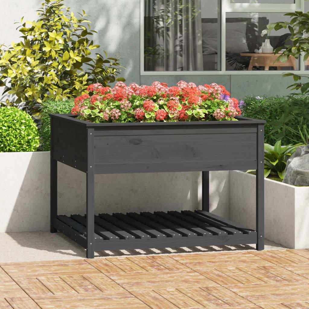 Plantekasse med hylde 111,5x111,5x81 cm massivt fyrretræ grå