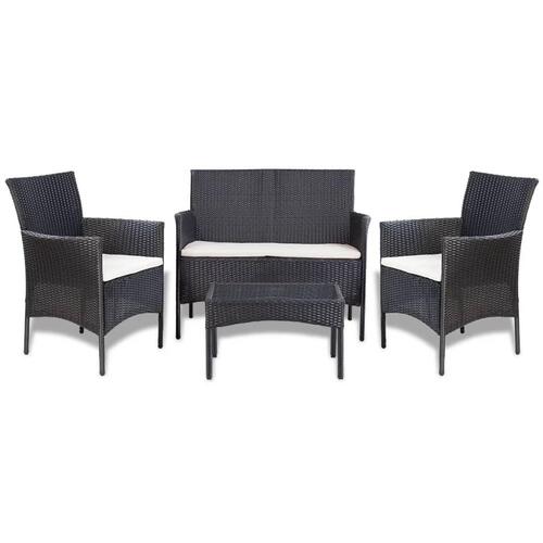 Haveloungesæt 4 dele med hynder polyrattan sort
