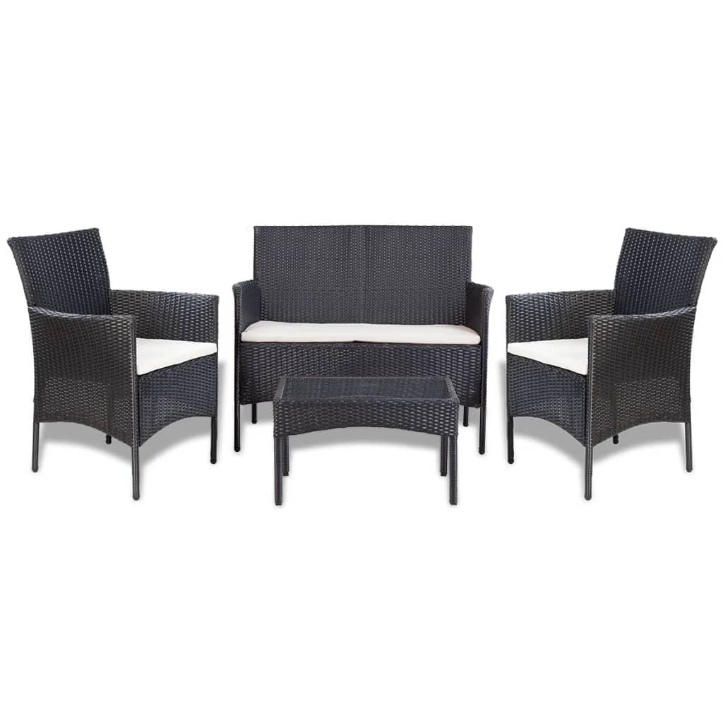 Haveloungesæt 4 dele med hynder polyrattan sort