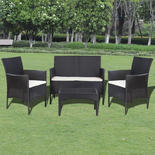 Haveloungesæt 4 dele med hynder polyrattan sort