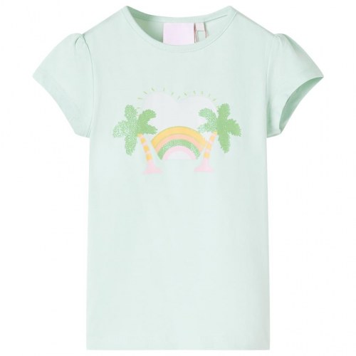 T-shirt til børn str. 128 - lys mintgrøn med regnbue og palmer