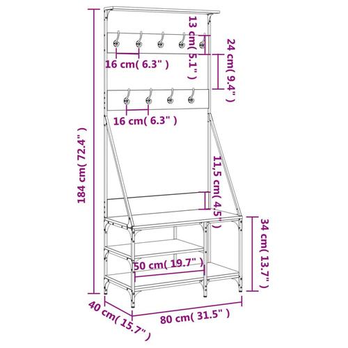 Tøjstativ med skoopbevaring 80x40x184 cm grå sonoma-eg