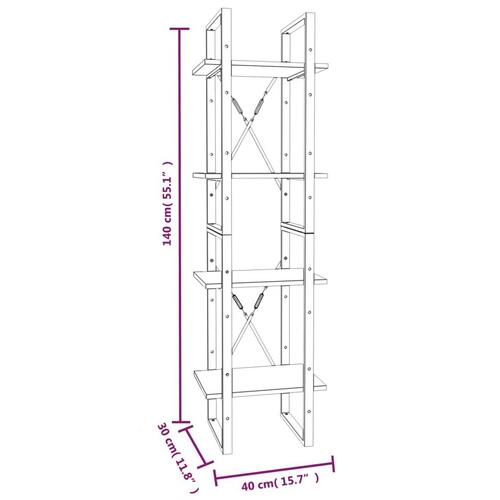 Bogreol m. 4 hylder 40x30x140 cm konstrueret træ grå sonoma