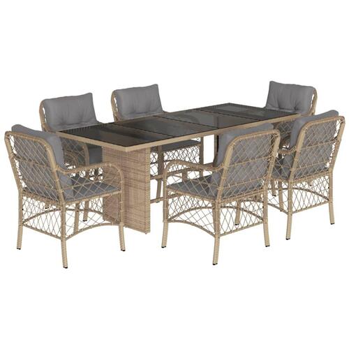 Spisebordssæt til haven 7 dele med hynder polyrattan beige