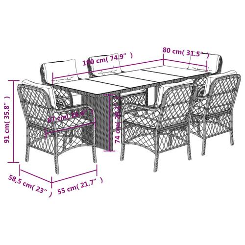 Spisebordssæt til haven 7 dele med hynder polyrattan beige