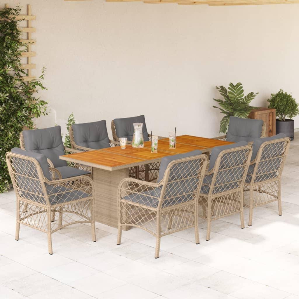 Spisebordssæt til haven 9 dele med hynder polyrattan beige