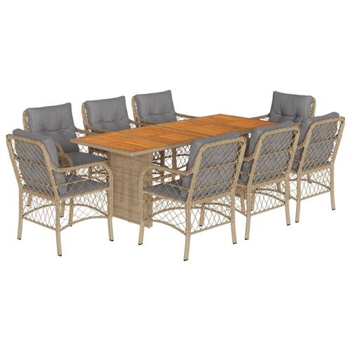 Spisebordssæt til haven 9 dele med hynder polyrattan beige