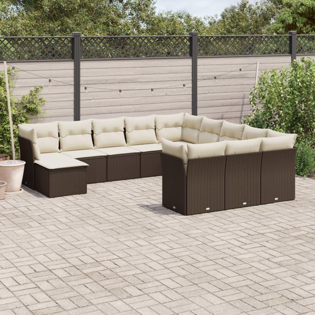 Havesofasæt i polyrattan - 12 dele med hynder, brun/creme billede