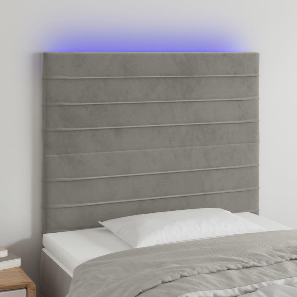 Sengegavl med LED-lys 100x5x118/128 cm fløjl lysegrå