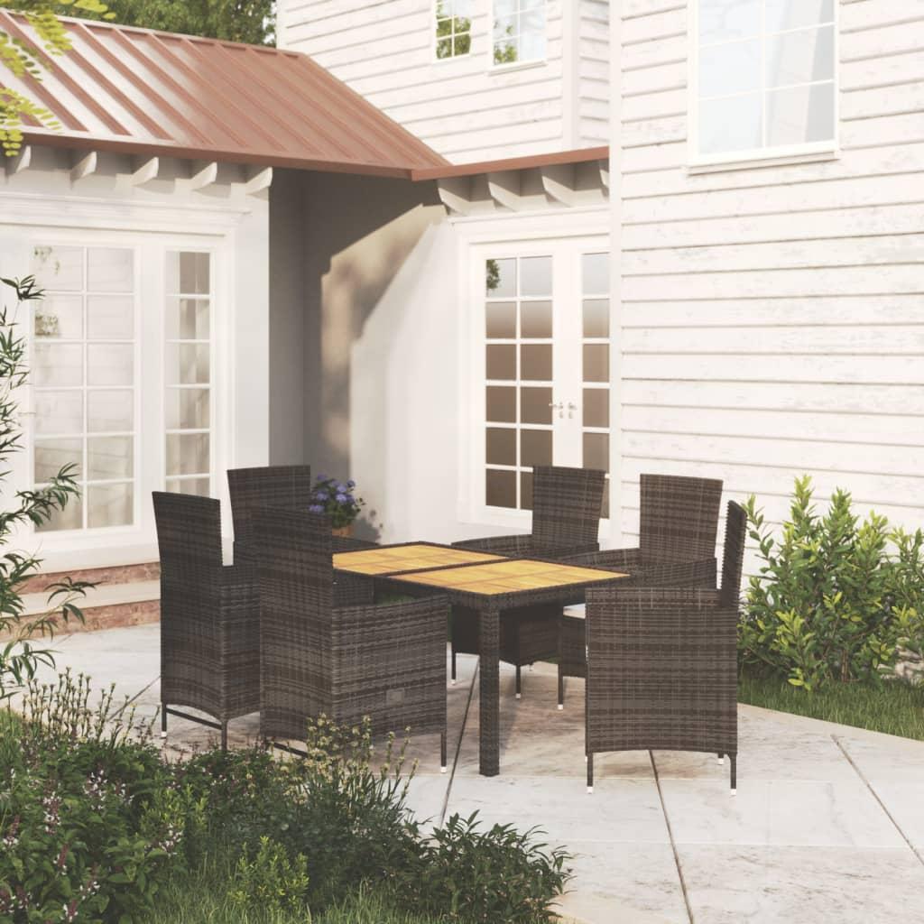 Udendørs spisebordssæt 7 dele med hynder polyrattan sort