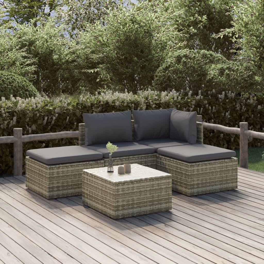 Loungesæt til haven 5 dele med hynder polyrattan grå